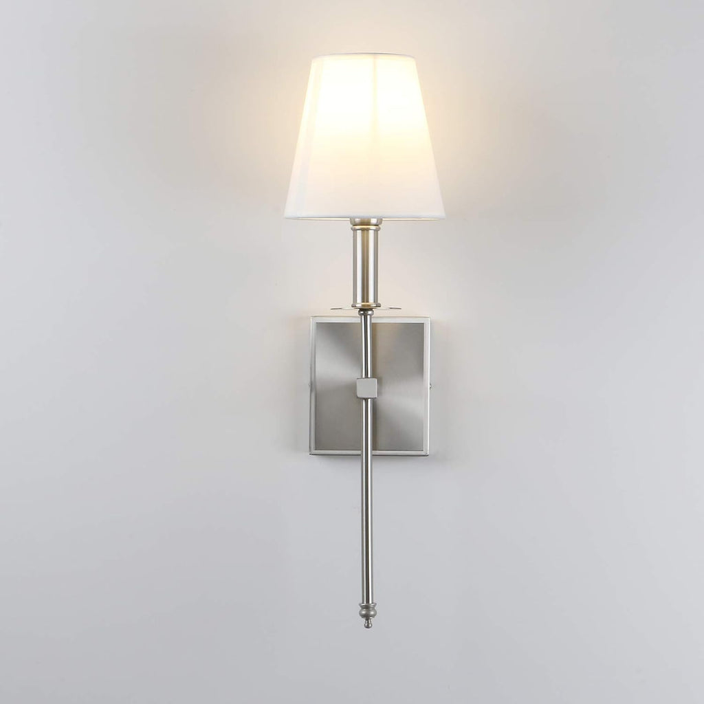 PERMO Set of 2 Classic Rustic Industrial Wall Sconce Lighting Fixture with Flared White Textile Lamp Shade and Brushed Tapered Column Stand, Hardwired, E26 Base