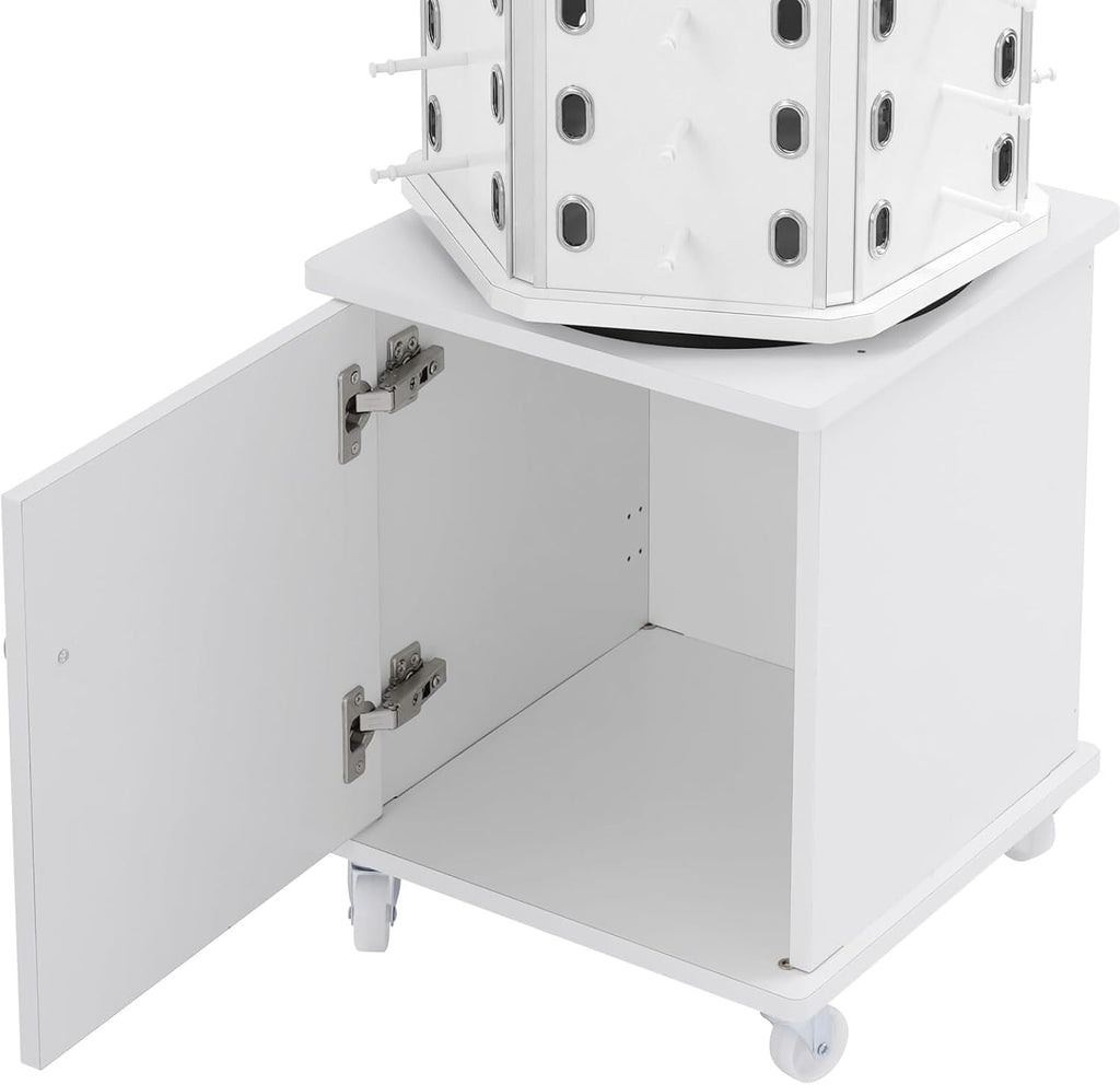 Sunglasses Retail Display Rack, 6-Sided Wood Floor-standing Eyeglass Holder, 102-Pair Eyewear Holder, 360°Rotating, with Storage Cabinet & 4 Swivel Wheels for Retail Exhibition (White)