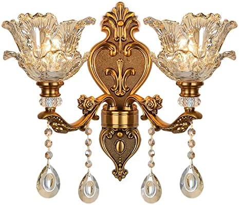 Vintage Crystal Wall Sconces Set of 2 - Antique Brass Floral Hanging Lamp Light Fixture for Bedroom, Living Room, Bathroom, Corridor, Hallway - Middle Ages Style