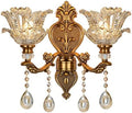 Vintage Crystal Wall Sconces Set of 2 - Antique Brass Floral Hanging Lamp Light Fixture for Bedroom, Living Room, Bathroom, Corridor, Hallway - Middle Ages Style