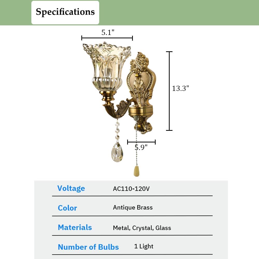 Vintage Wall Sconce Set of 2, Antique Brass Wall Light with Pull Chain On/Off Switch, Elegant Wall Mounted Lamp with Crystal Bedside Wall Lamp for Entrance, Bedroom, Hallway