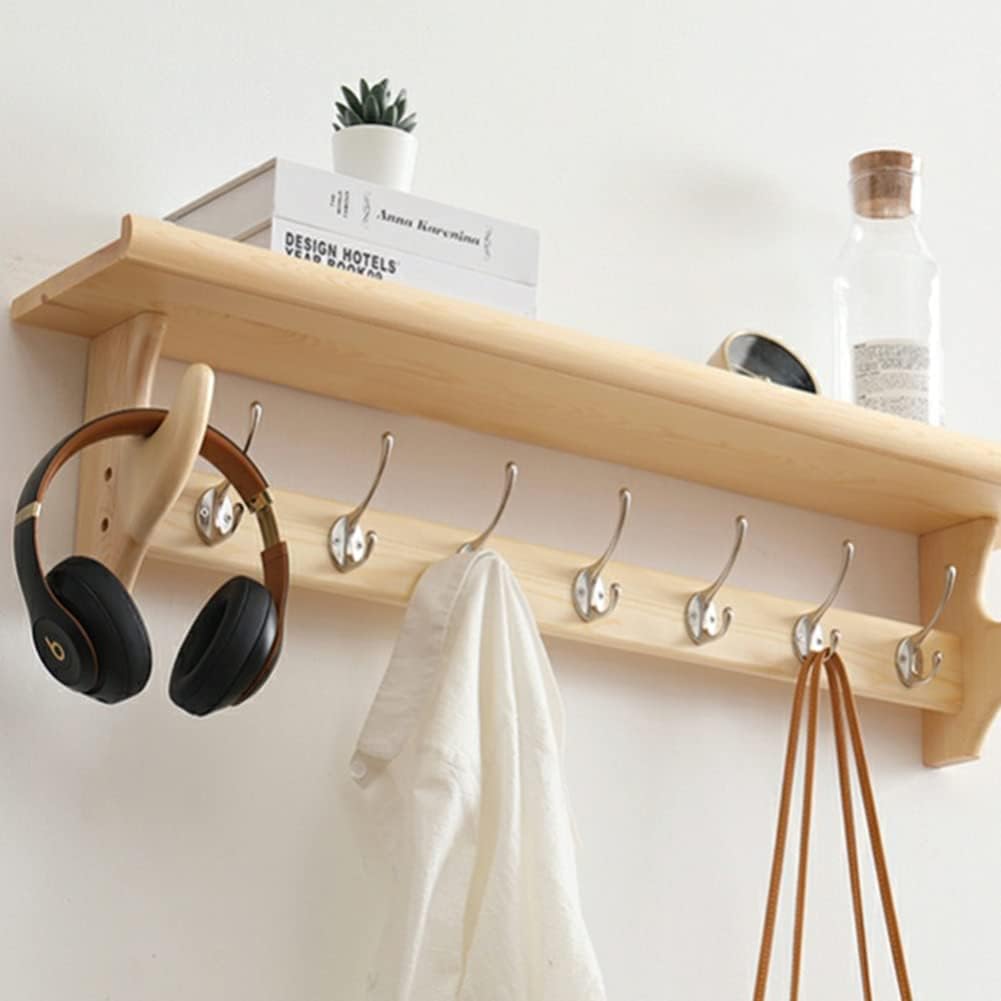 Rustic Wood Wall Shelf with Hooks for Entryway Bathroom Living Room Wall Mounted Coat Rack with Storage Shelf and Hooks
