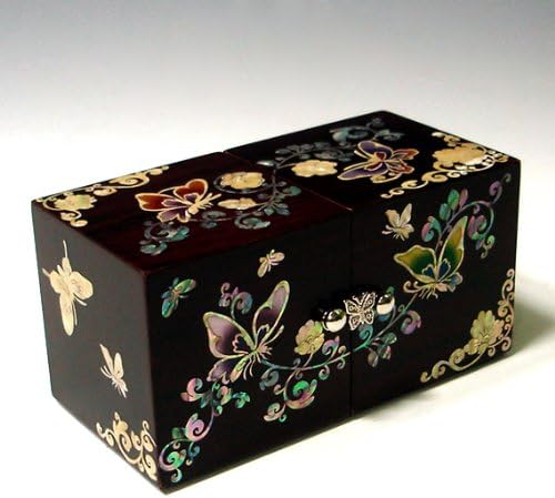 Antique Alive Mother of Pearl Inlay Design Jewelry Box, Wood Jewelry Box, Trinket Case, Keepsake Treasure Chest Box Organizer Holder (Flower Butterfly)