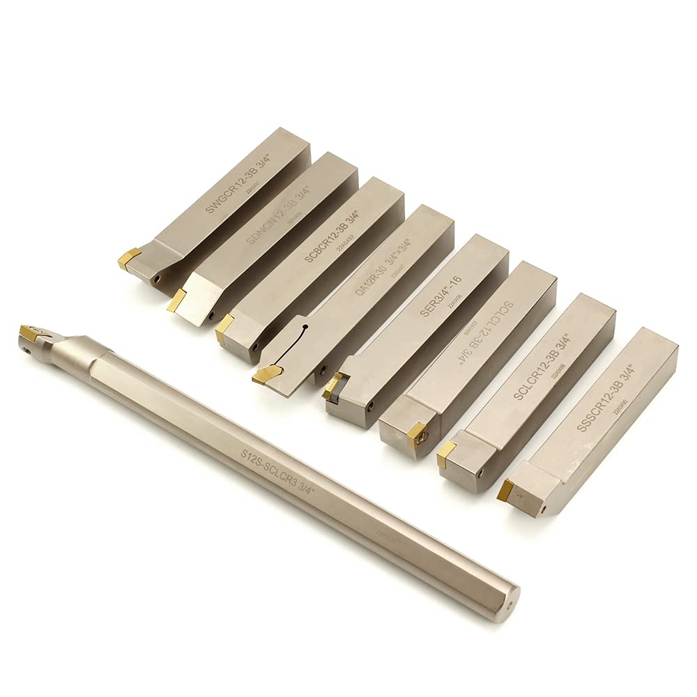 OSCARBIDE 3/4' Shank 9-Piece CNC Lathe Tool Holder & Boring Bar Set - Heavy Duty Nickel Plated Indexable Tool Holders for Turning, Grooving, Threading, Cut-Off Operations