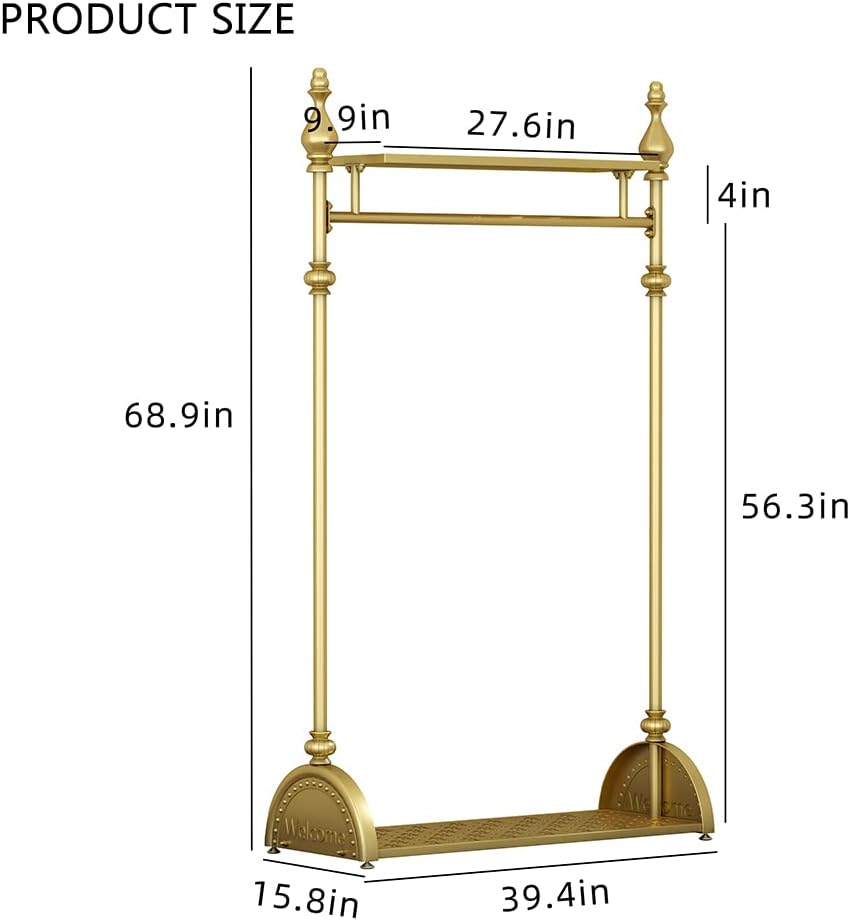 Clothing Rack Gold, Industrial Clothes Rack for hanging Clothes with Double Shelves Freestanding Multi-functional Heavy Duty Garment Rack, Metal Movable Coat Rack for Organizing Clothes Shoes