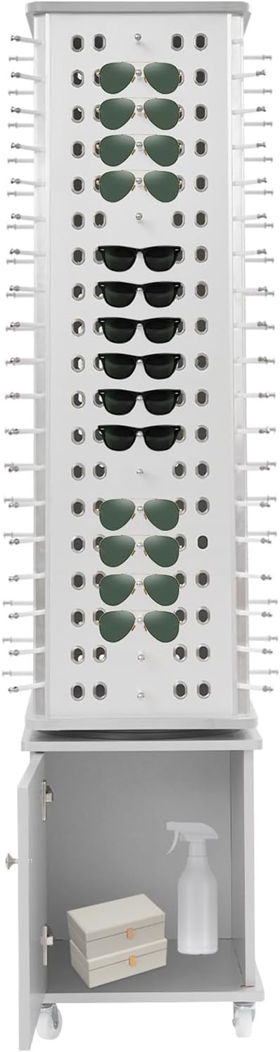 Undercat 152 Pairs Glasses Rack, 360° Rotating Sunglasses Display Rack, Floor-standing Eyeglasses Storage Organizer, Eyewear Holder, Sunglasses Display Stand with Storage Cabinet & Wheels