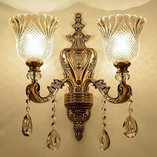 Vintage Crystal Wall Sconces Set of 2 - Antique Brass Floral Design Hanging Lamps for Bedroom, Living Room, Bathroom, Hallway - Elegant Lighting Fixture (B, 2 Lights)