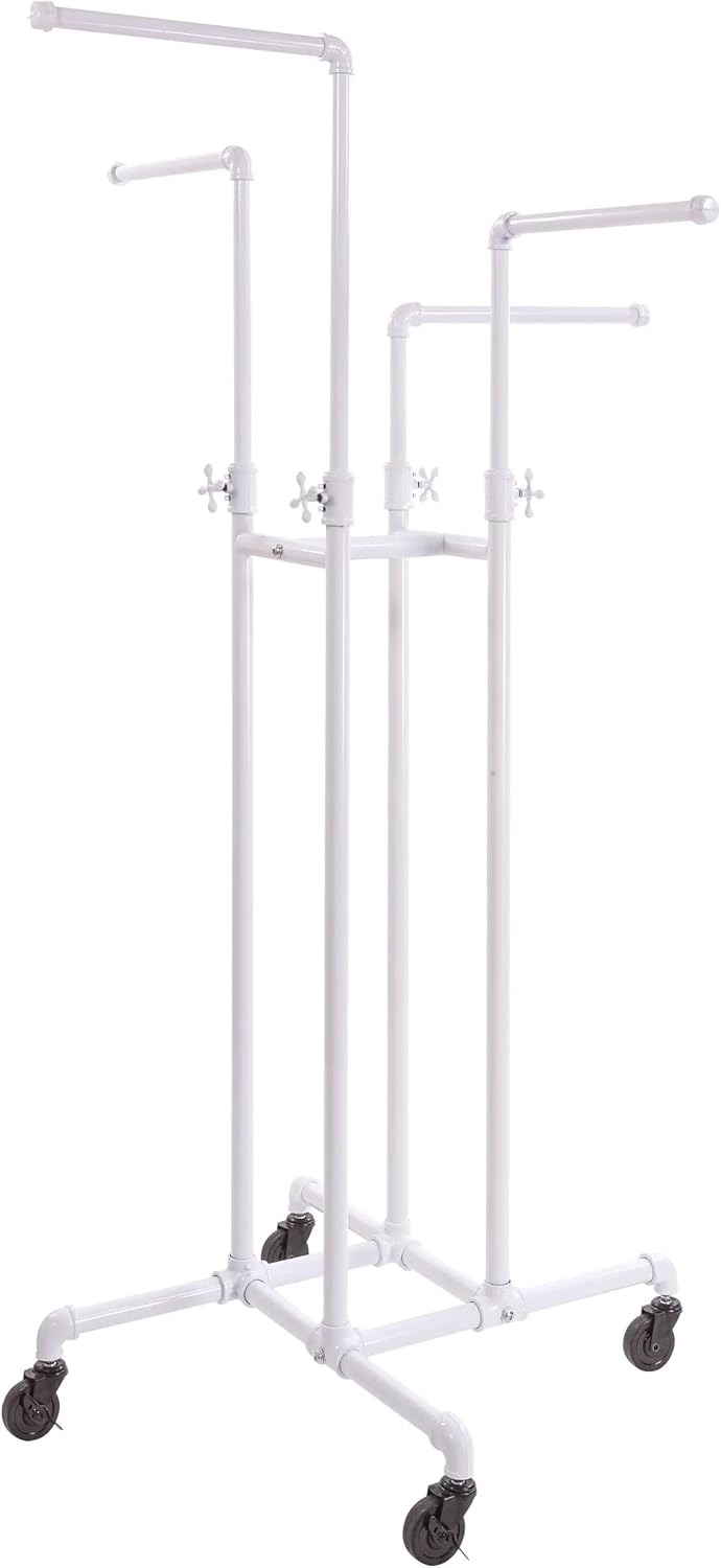 Econoco - PS4-ADJWH - Clothing Rack Heavy Duty Pipeline Adjustable 4 Way Rack Plumbing Pipe Clothes Rack Gloss