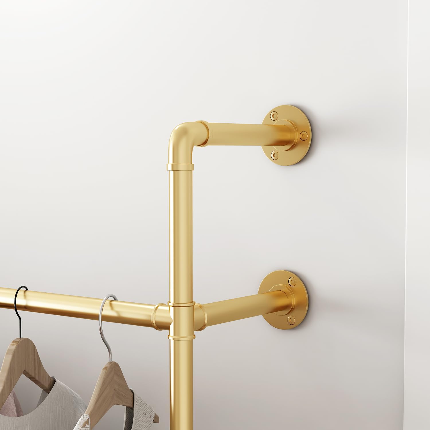 Industrial Pipe Clothing Rack, Heavy Duty Metal Clothes Rack with Double Rods for Hanging Clothes, Wall Mount Space-Saving Garment Display Rack (Three, Gold)