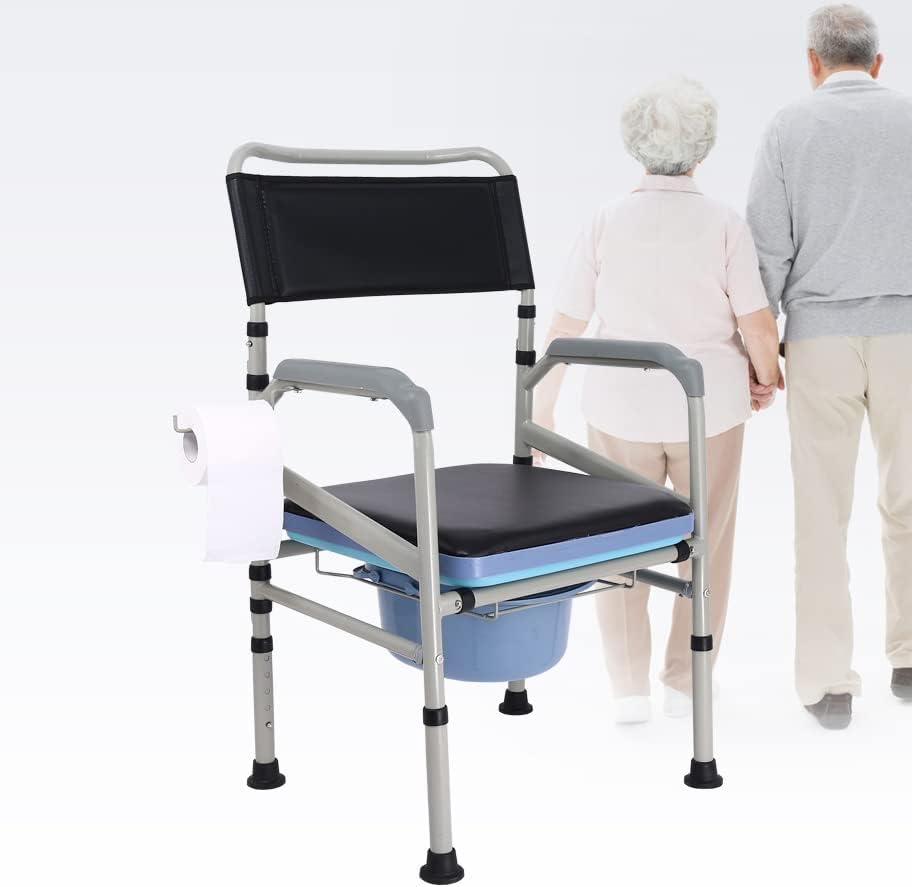 Commode Chair The Elderly, 5-Level Height Adjustment, 3 in 1 Bedside and Bathroom Steel Commode Toilet Seat, with Commode Bucket, Splash Guard and Arms