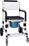 Commode Wheelchair, Shower Chair, Commode Chair, Bedside Commode, Toilet Seat Shower Transport Chair, 4 in 1 Portable Aluminum Bath Chair for Elderly, Seniors, Disabled, Pregnant