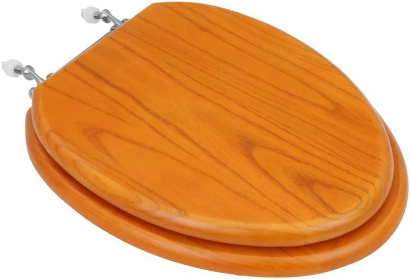 Renovators Supply Manufacturing™ Light Oak Wooden Elongated Toilet Seat with Chrome Hinges & Stabilizers – Solid Hardwood, Durable Cross-Frame Design