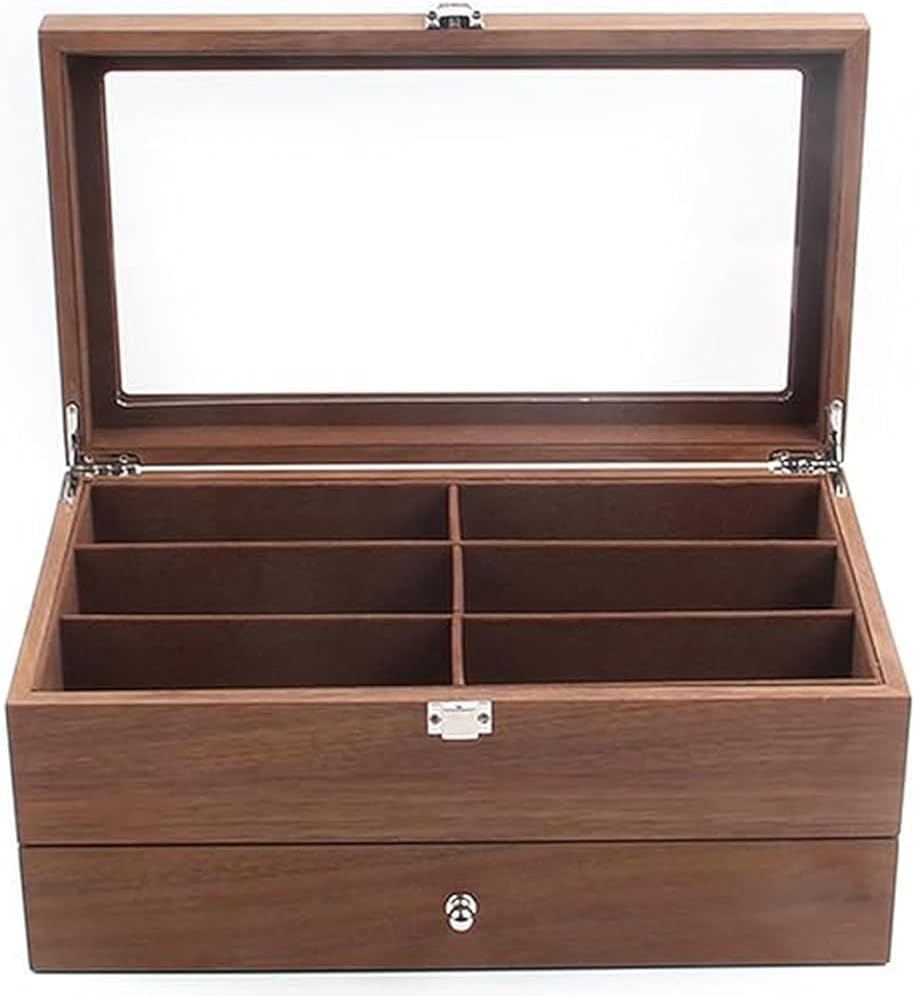 2 Layer Wooden Sunglasses Storage Case - 12 Slot Organizer with Clear Display Top & Drawer for Jewelry, Accessories, Eyewear, and Sunglasses Storage