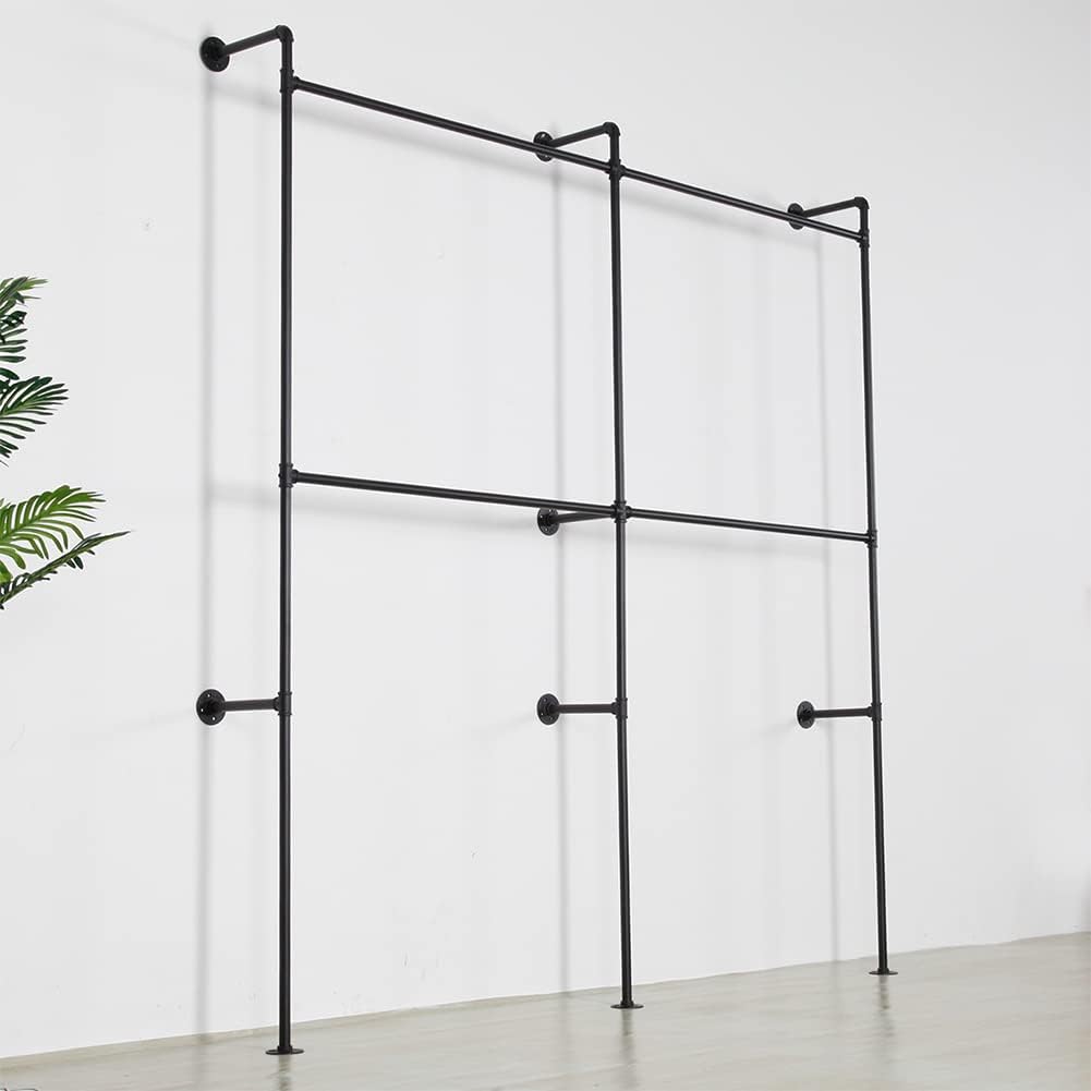 Industrial Pipe Clothing Rack Heavy Duty Double Closet Rod Clothes Rack, Clothing Rods for Hanging Clothes, Wall Mounted Clothes Garment Rack Closet System 90in Black