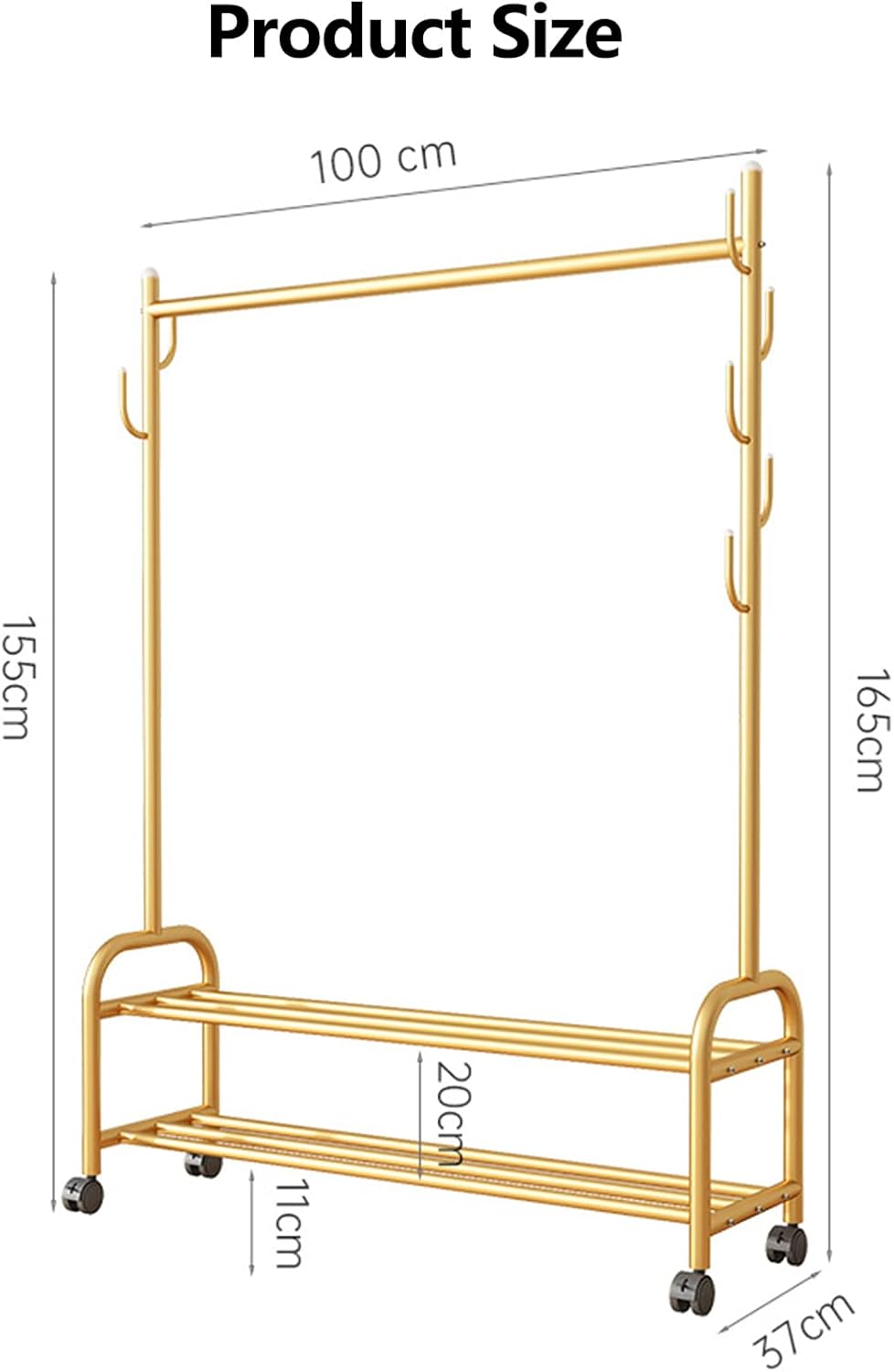 Clothes Rail Garment Rack Gold Drying Rack Rolling Garment Rack Wheels with 7 Hooks Organizer Storage Shelf for Bedroom, Living Room Balcony Entryway Stand Clothes Rod (60x37x165cm) ( 110x37x165cm)