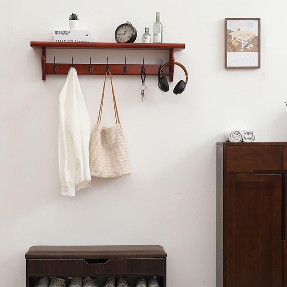 Rustic Wood Wall Shelf with Hooks for Entryway Bathroom Living Room Wall Mounted Coat Rack with Storage Shelf and Hooks