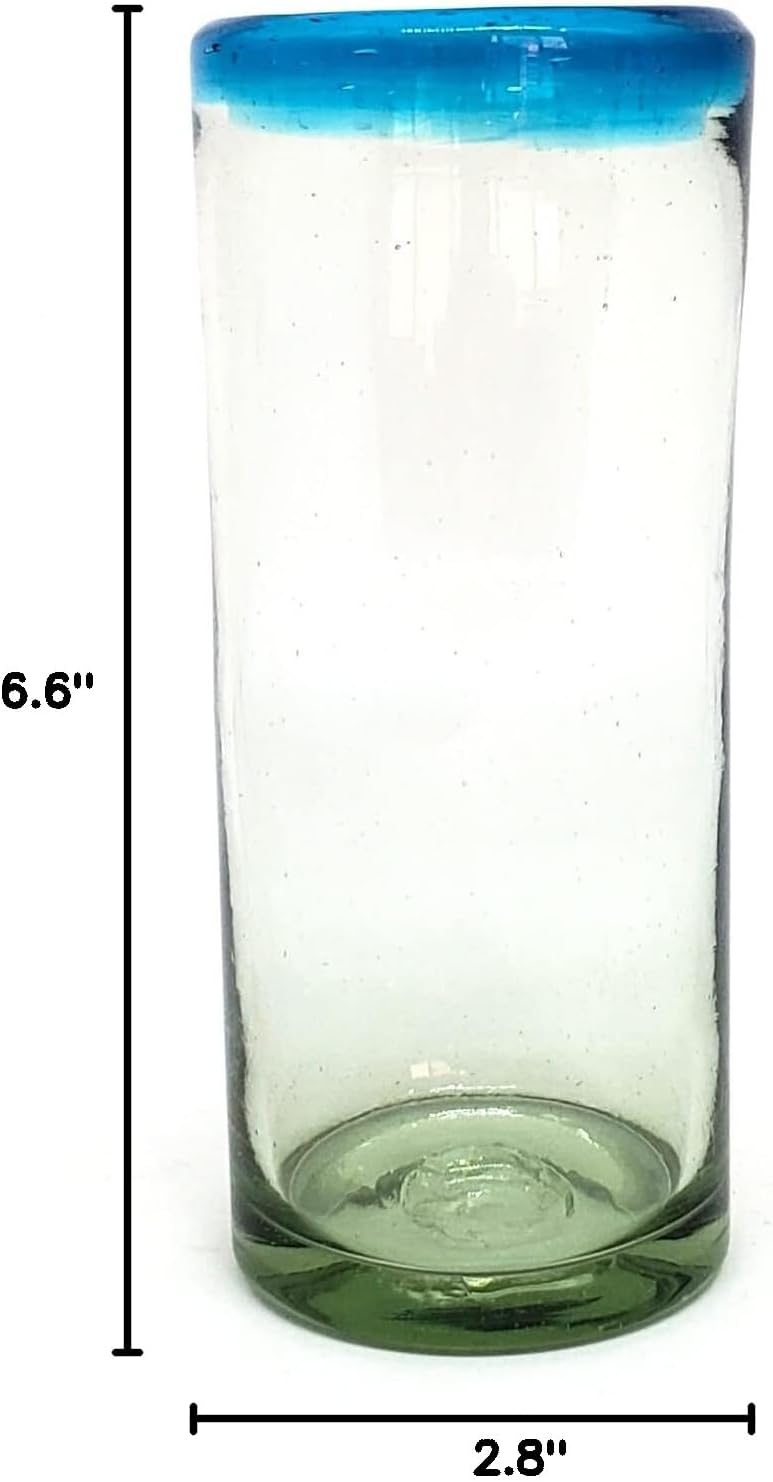 Aqua Blue Rim 15 oz Highball Glasses (set of 6), Recycled Glass, Lead-free, Toxin-Free (Highball)