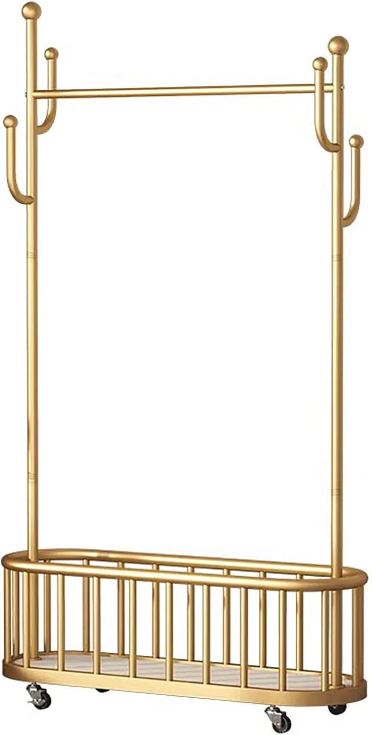 Gold Clothes Rack with Wheels, Heavy Duty Metal Rolling Clothes Rack with Basket, 68.5 Inch Movable Portable Tall Gold Garment Rack for Bedroom Living Room Entryway