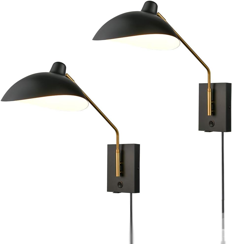CLAXY Plug in Wall Sconces Swing Arm Wall Mounted Lighting Matte Black | E12 Home Wall Lights with USB Charge Port-Set of 2, Plug in or Hardwired Wall Mounted Lights for Bedroom Reading Room Living