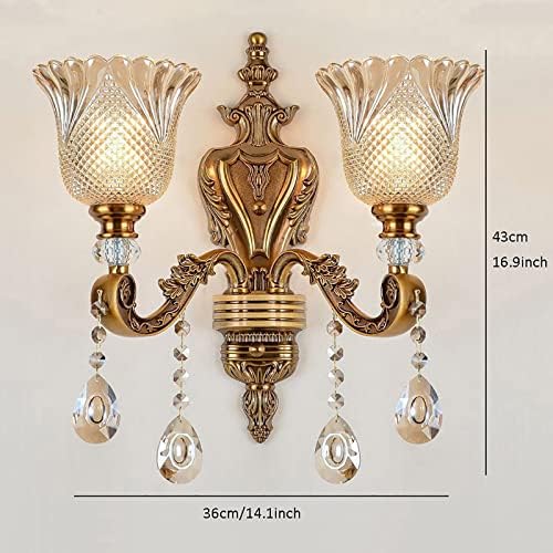Vintage Crystal Wall Sconces Set of 2 - Antique Brass Floral Design Hanging Lamps for Bedroom, Living Room, Bathroom, Hallway - Elegant Lighting Fixture (B, 2 Lights)