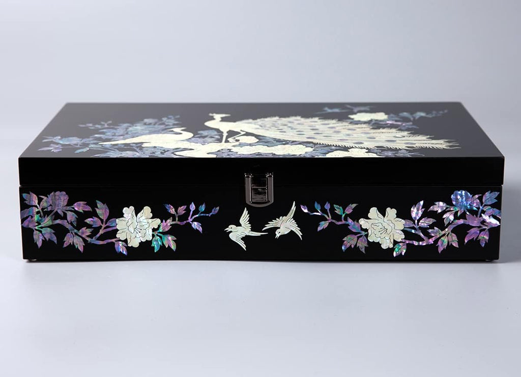 Antique Alive Mother of Pearl Wood Sunglasses Box Eyeglasses Valet Display Storage Case for Glasses Jewelry Trinkets Accessory Organizer (Peacock Black)