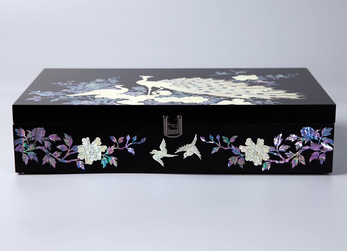 Antique Alive Mother of Pearl Wood Sunglasses Box Eyeglasses Valet Display Storage Case for Glasses Jewelry Trinkets Accessory Organizer (Peacock Black)