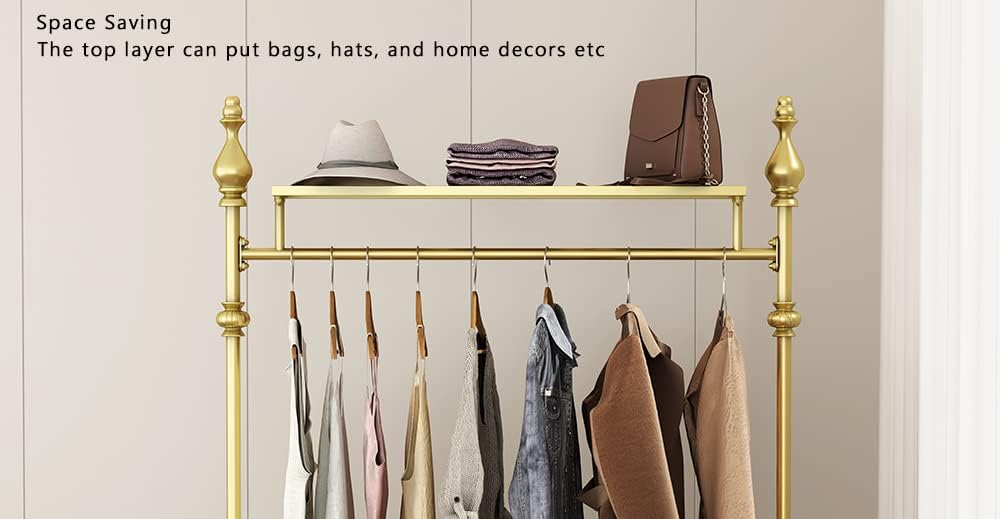 Clothing Rack Gold, Industrial Clothes Rack with Double Shelves Freestanding Multi-functional Heavy Duty Garment Rack, Metal Coat Rack Organizer for Bedroom Entryway Closet Shoes (59'' L)