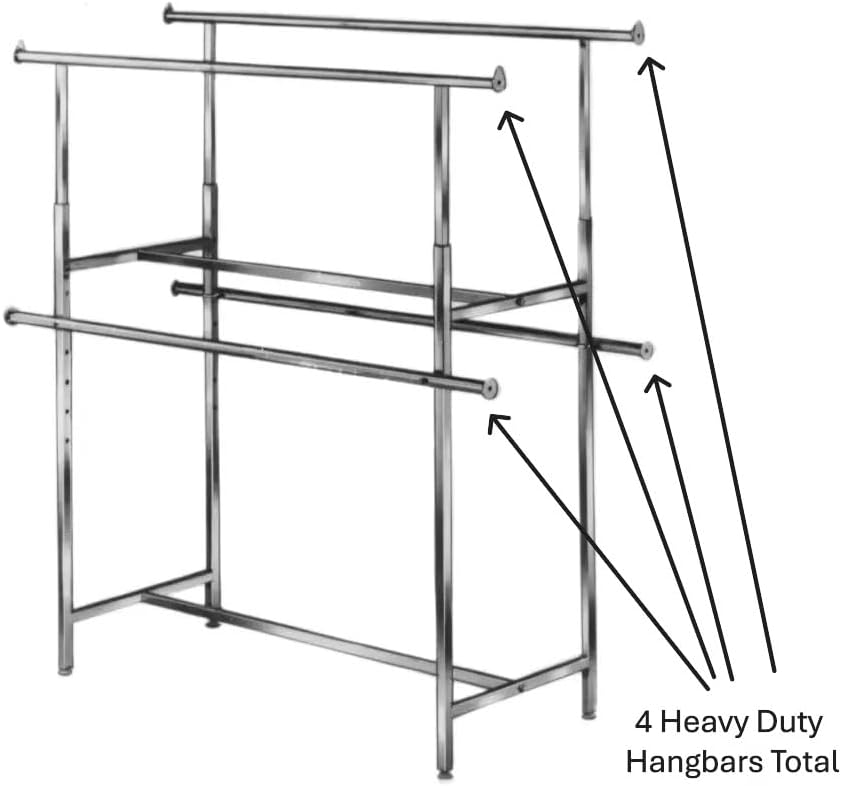 Econoco Double Bar Garment Rack, Adjustable Height 49–70in, Chrome Clothing Rack with Rectangular Hangrails, 60in Wide