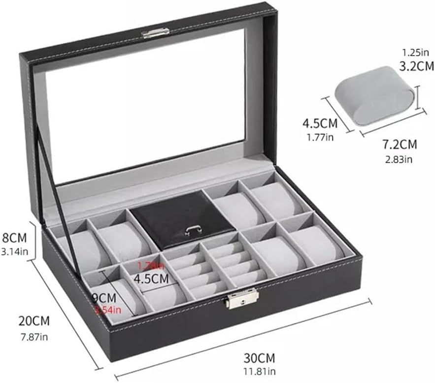 Glasses Stand Watch Box, 8 Jewelry Box Watch Display Case Organizer Jewelry Storage Box Black PU Leather with Mirror and Lock Eyewear Display Stand