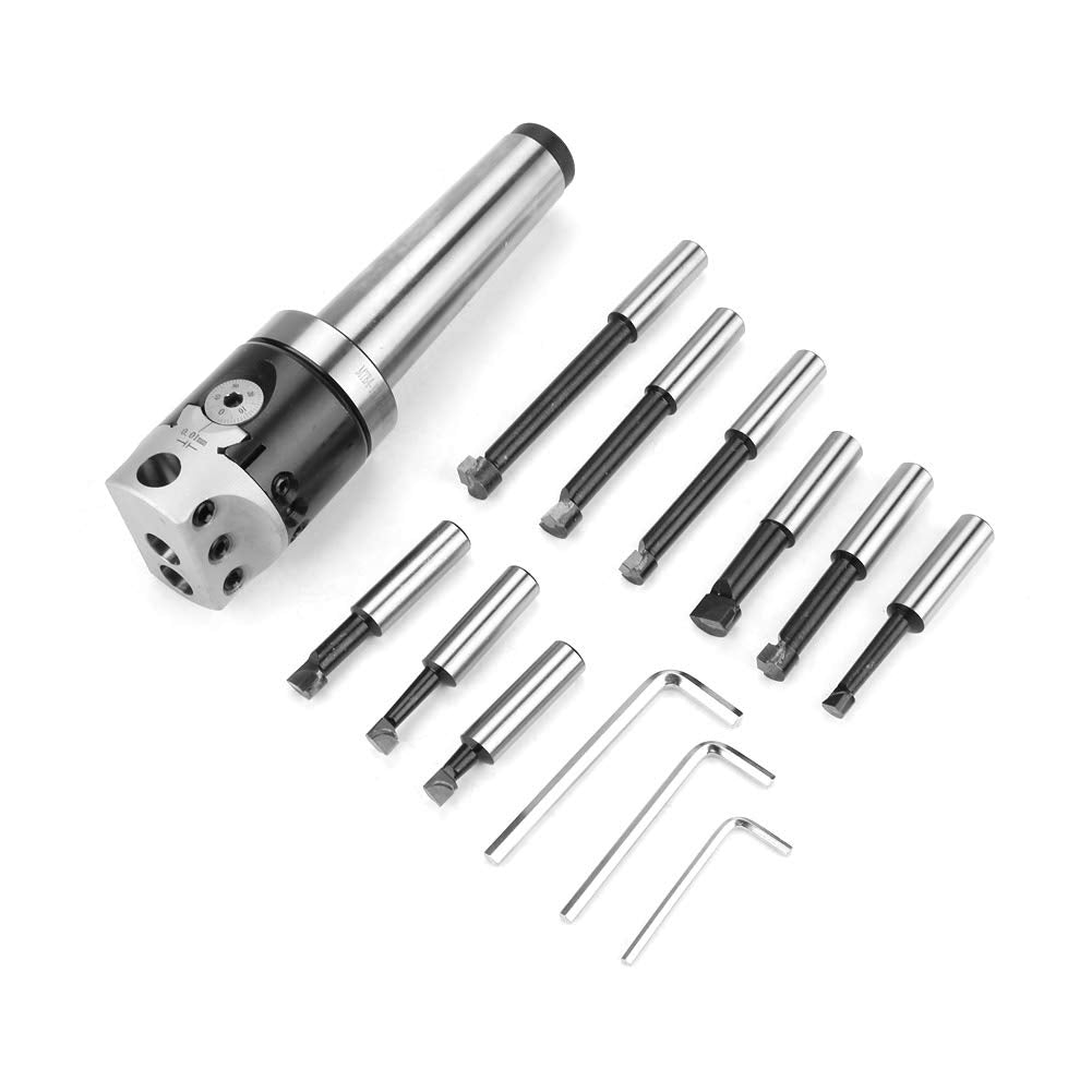 Garosa CNC Lathe Boring Head Set, MT4-M16 Arbor, 50mm Head, 9 Boring Bars, F1-12mm Range, Steel