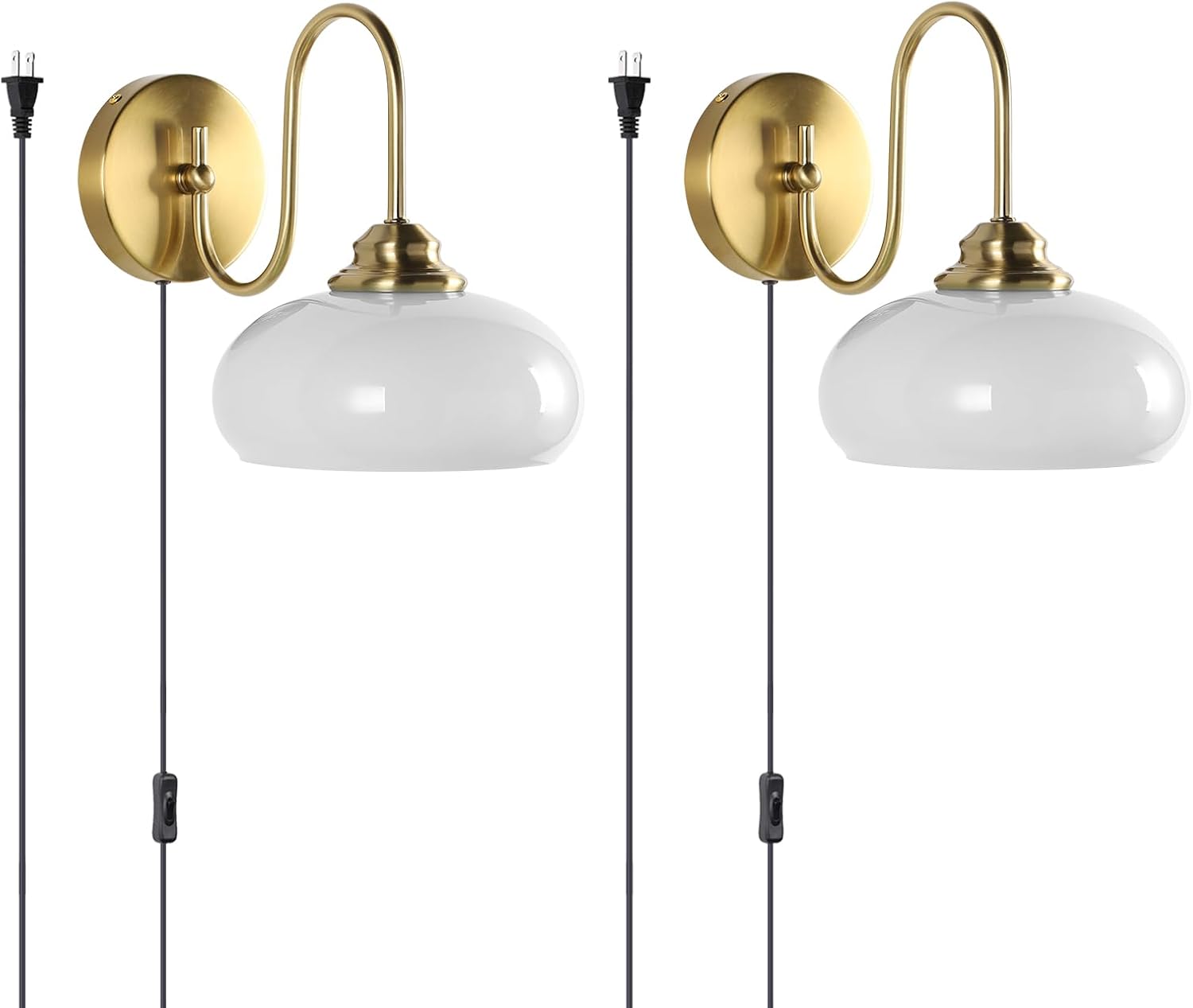 KCO Lighting Glass Dome Wall Sconce Plug in Mid Century Modern Wall Lamp Gold Wall Light Fixtures Vintage Milk Glass Wall Sconces Set of Two