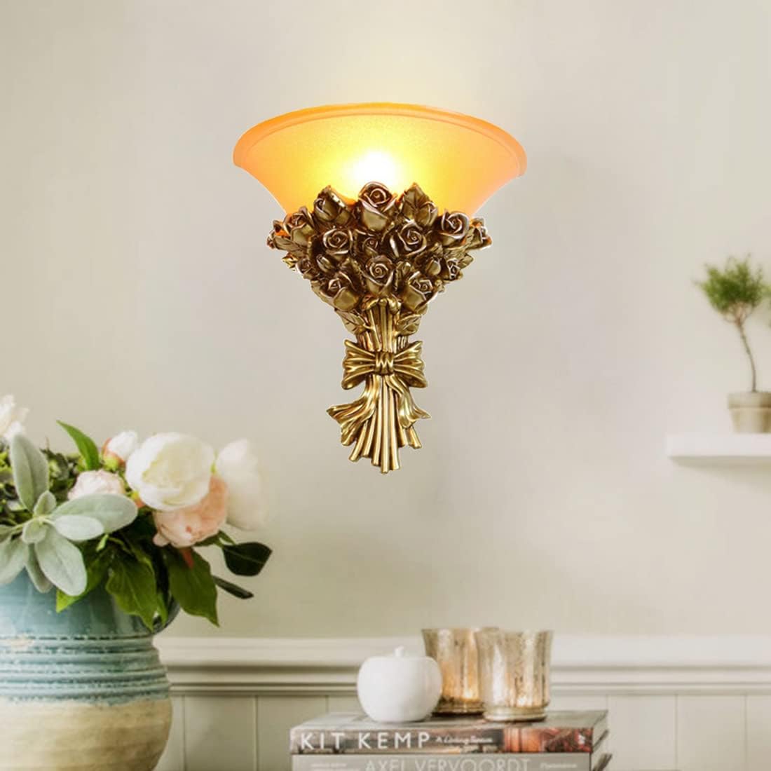 Vintage Wall Sconce Roses 1-Light Antique Gold Wall Sconce with Frosted Glass Shade, Unique Resin Golden Flower Style Mid Century Modern Wall Light for Living Room Hallway Bedroom