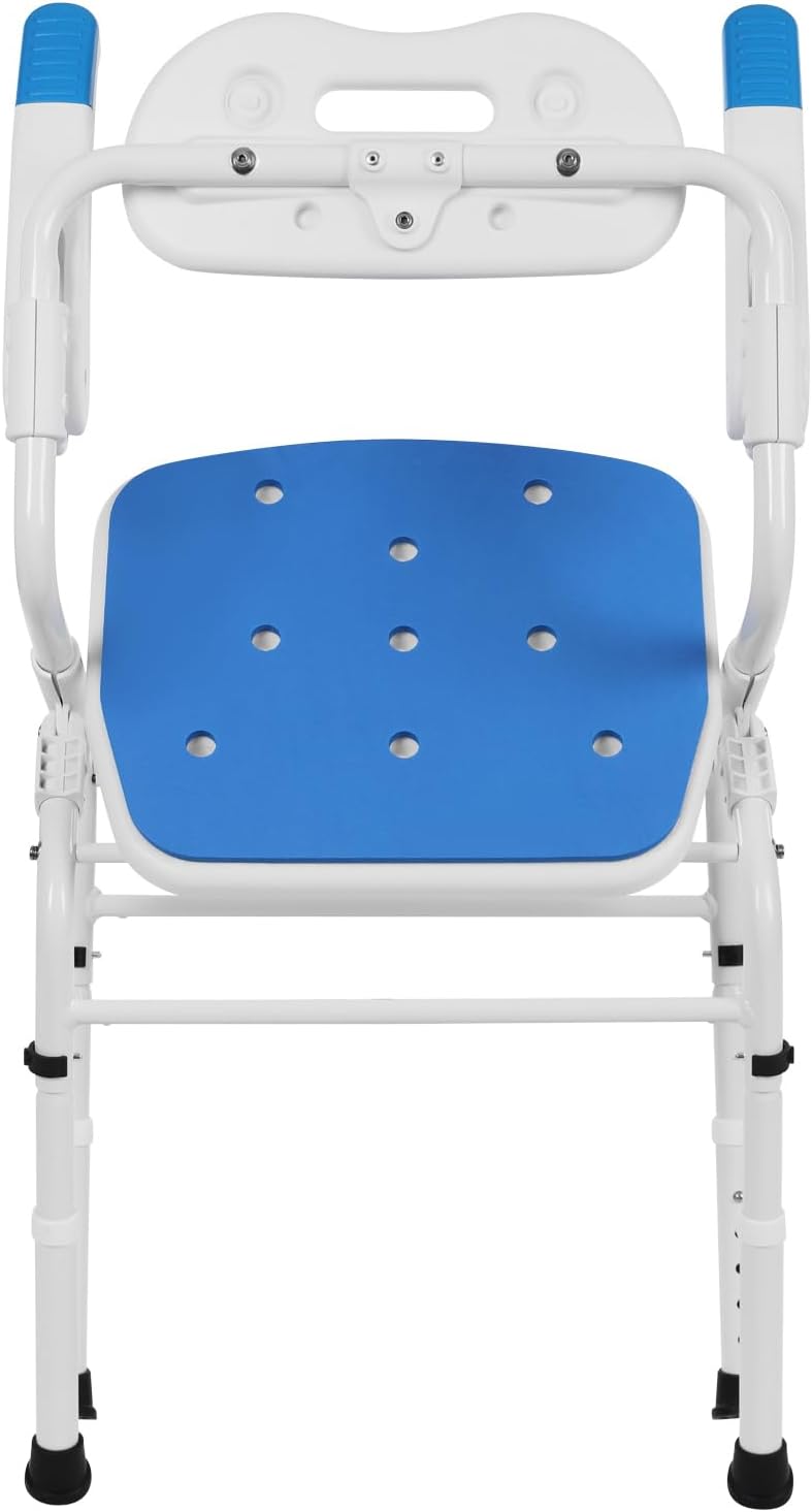 Folding Shower Chair with Armrests and Back, Grid Shower Folding Toilet Seat Adjustable Height Bathroom Wheelchair for Elderly Pregnant and Disabled