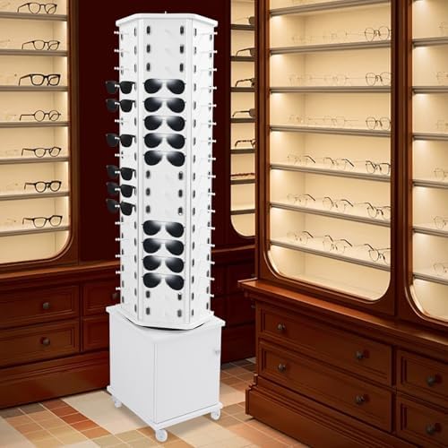 360° Rotating Sunglasses Display Stand on Wheels, Modern Eyewear Organizer for 102 Pairs, Commercial Glasses Storage Rack with White Panel & Box