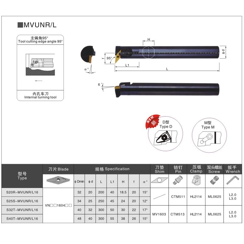 1pc MVUNR S20R-MVUNR16 S25S-MVUNR16 S32T-MVUNR16 Turning Tool Holder MVUNR16 MVUNL CNC Internal Lathe Metal Cutter Boring Bar(S32T-MVUNR16 R)