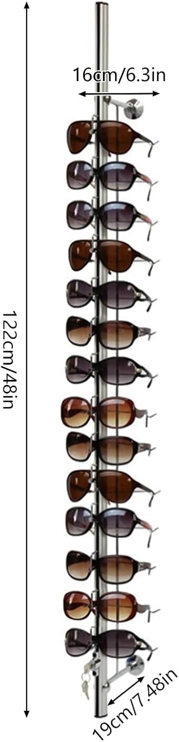 10 Pcs Aluminum Eyeglass Display Rod with Lock, Wall Mount Sunglasses Display Stand Holder Organizer for Optical Store & Home Use (43.3 Inch, Hold 12 Frames with Lock)