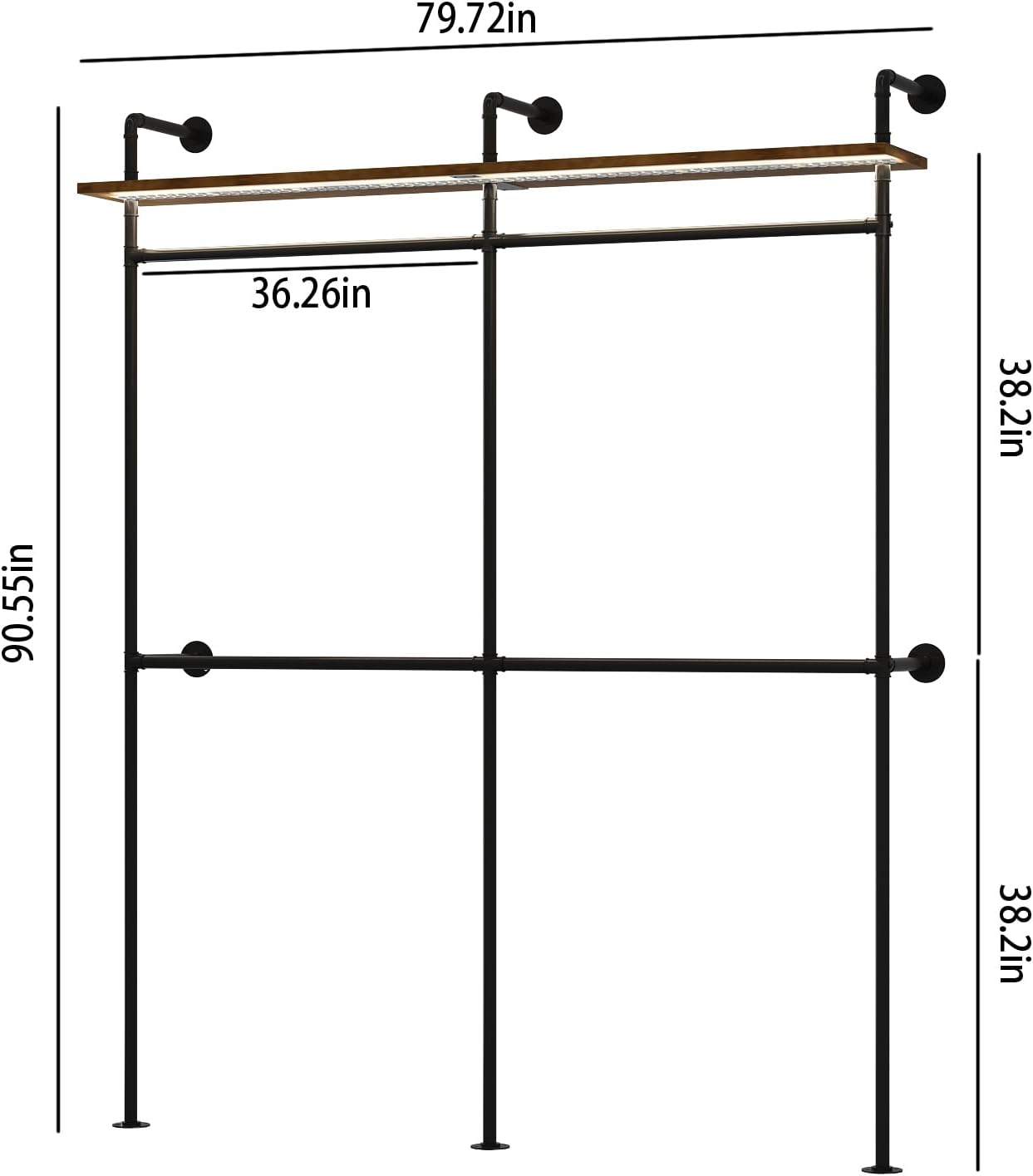 Industrial Pipe Clothing Racks with Shelves & LED Lights, 79' Wall Mounted Clothes Rack for Hanging Clothes, Heavy Duty Industrial Pipe Shelving for Walk-in Closet Storage, Black