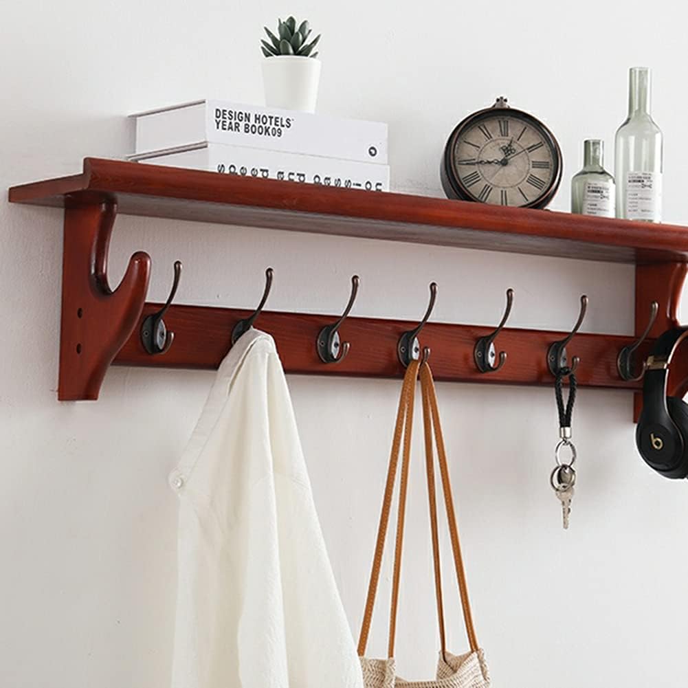 Rustic Wood Wall Shelf with Hooks for Entryway Bathroom Living Room Wall Mounted Coat Rack with Storage Shelf and Hooks
