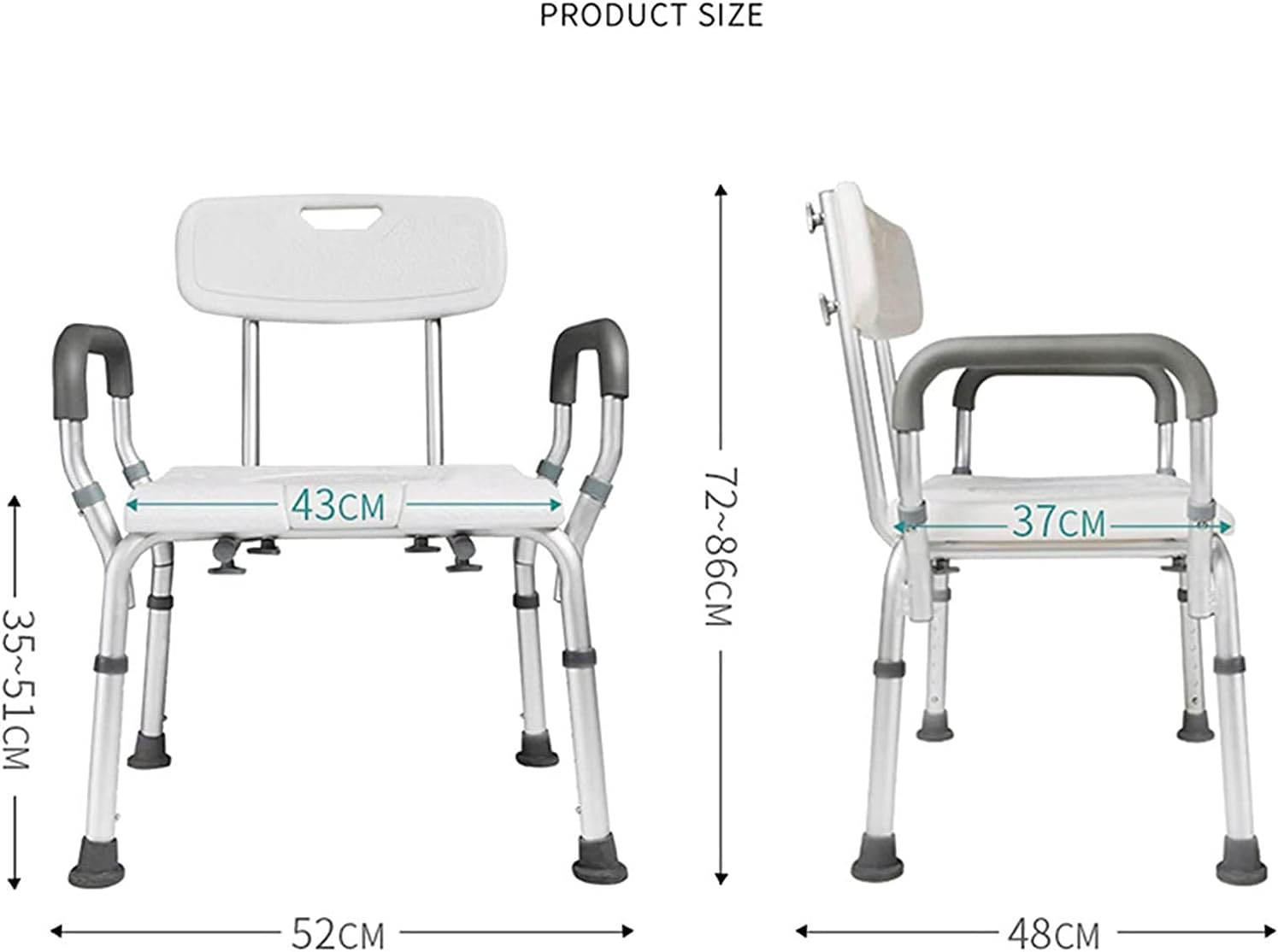 Shower Chair Heavy Duty Height Adjustable Commode Seat with Arms and Back, U-Shaped Bathroom Stool Non-Slip Load Weight 150Kg,for Elderly Seniors Disabled Shower Auxiliar,White B