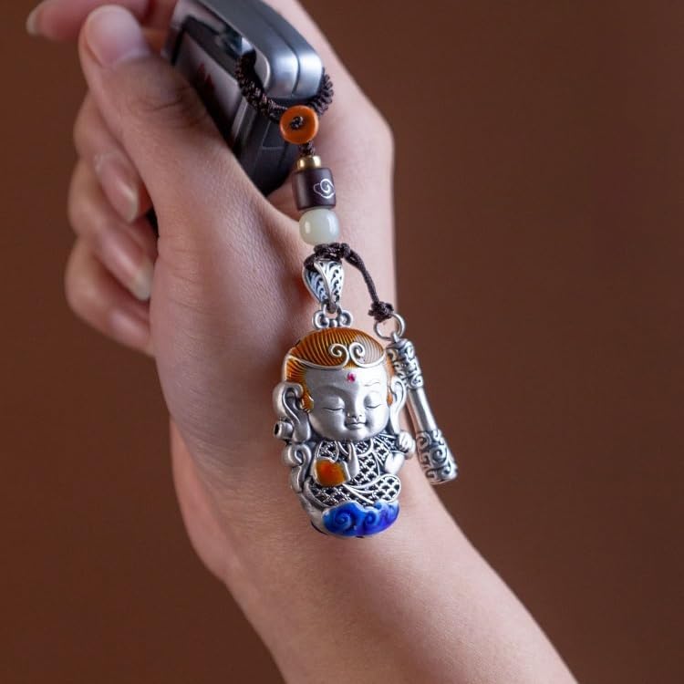 ENGENDER Keychain Silver Monkey King Car Keychain, Pendant Fighting Buddha Men and Women Gift, Key Decoration Key Chains