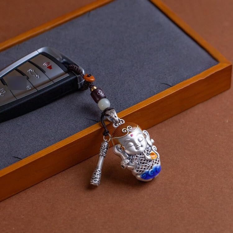 ENGENDER Keychain Silver Monkey King Car Keychain, Pendant Fighting Buddha Men and Women Gift, Key Decoration Key Chains