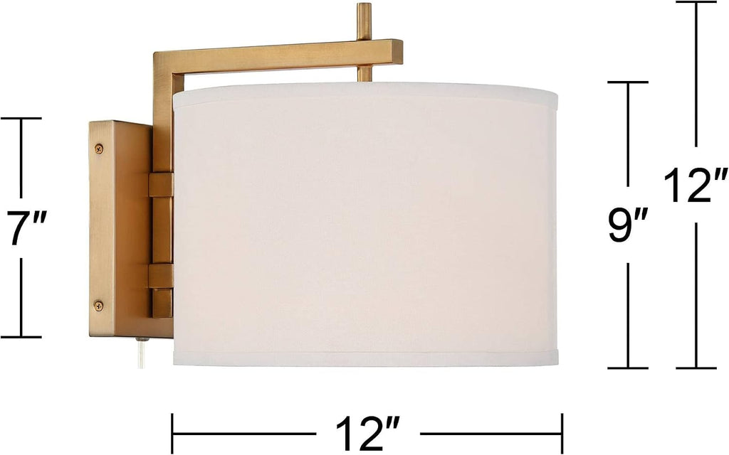 360 Lighting Adair Mid Century Modern Wall Mounted Lamp Warm Brass Metal Plug-in Light Fixture White Linen Drum Shade Bedroom Bedside House Reading Living Room Home Hallway Dining Kitchen