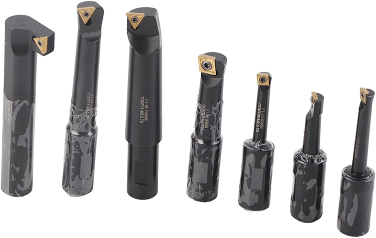7Pcs Boring Tool Set, Indexable Cemented Carbide Turning Bar Holder, Round Shank Boring Bar for Lathe and Boring Machine, F1-18 with Wood Block Storage