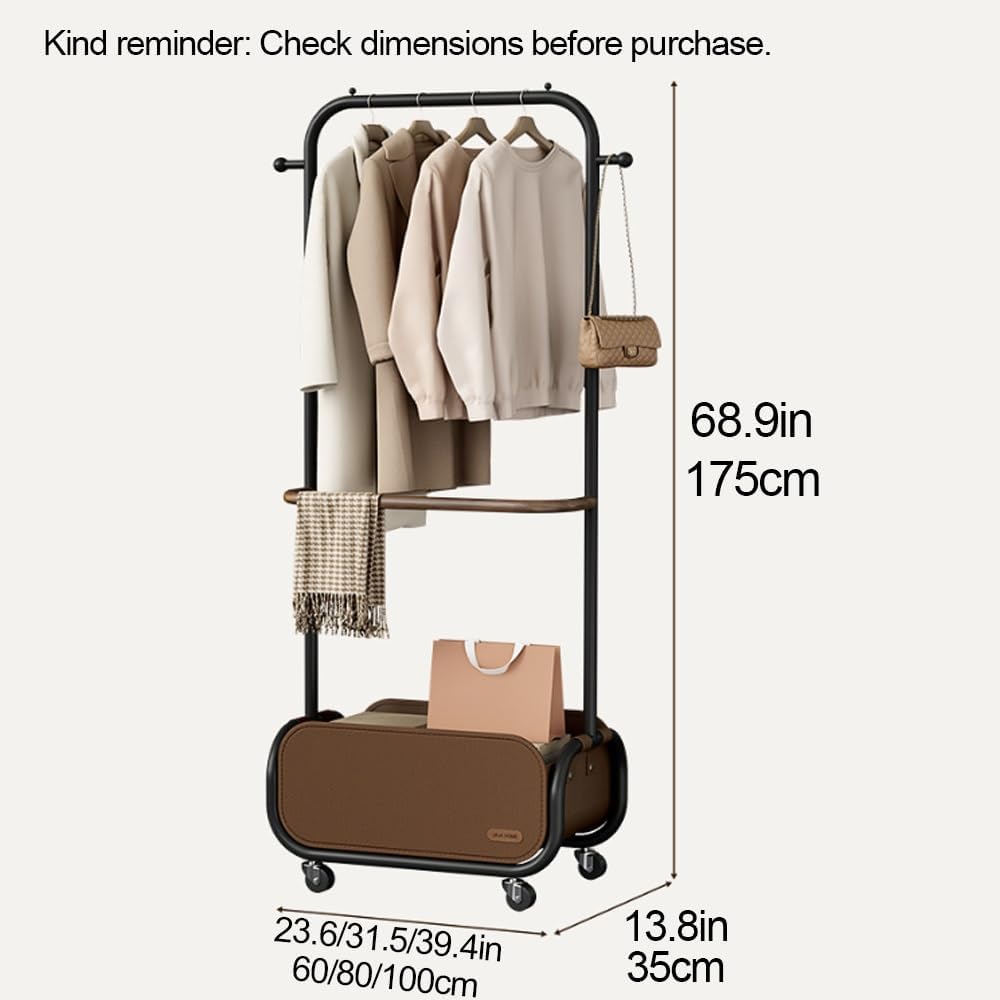 Clothes Rack with Double Rod, Garment Rack with Oxford Cloth Storage Basket, Rolling Laundry Cart, Coat Rack Freestanding with Wheels for Living Room, Bedroom(White,80cm-31.5cm)