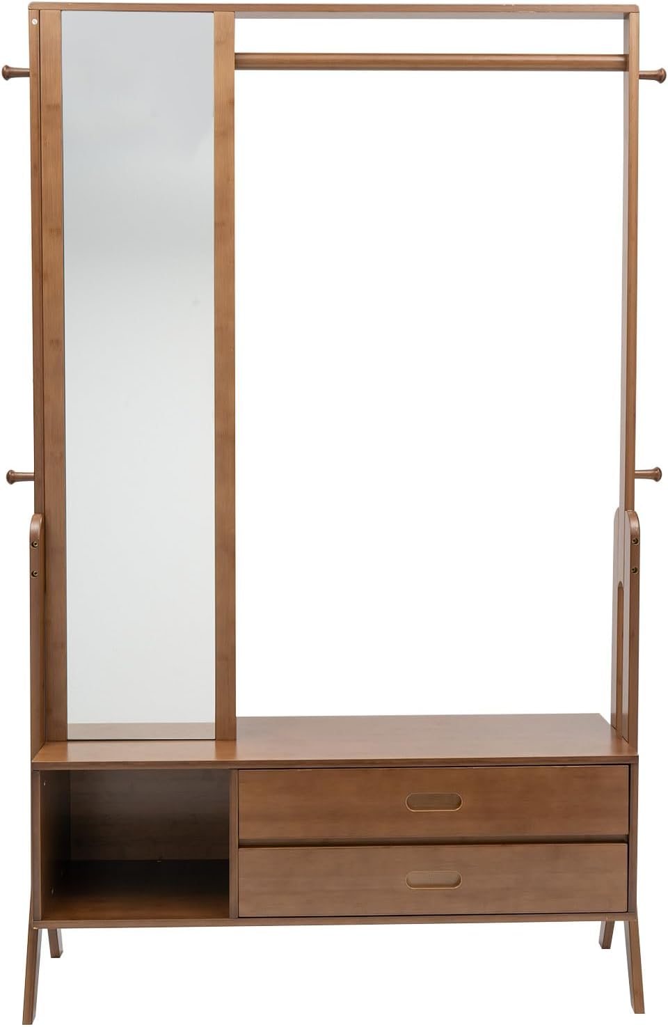 Bamboo Garment Rack with Mirror and Drawer,Floor Standing Closet Organizers,Coat Rack,Open Wardrobe for Entryway Bedroom Livingroom