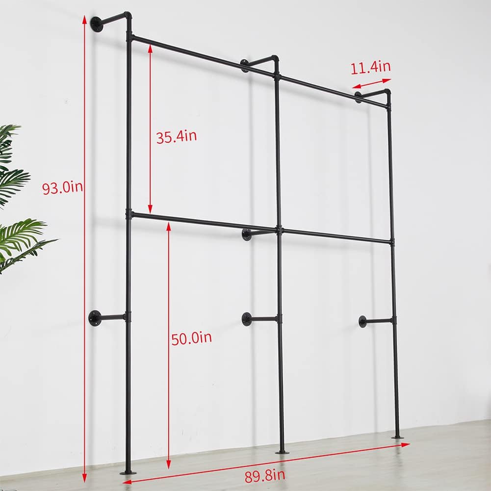 Industrial Pipe Clothing Rack Heavy Duty Double Closet Rod Clothes Rack, Clothing Rods for Hanging Clothes, Wall Mounted Clothes Garment Rack Closet System 90in Black