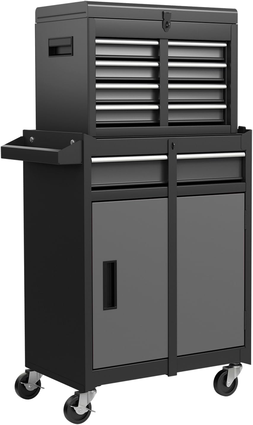 IRONMAX 5-Drawer Rolling Tool Chest, 2-in-1 Detachable Heavy Duty Tool Box Storage Cabinet with Auto Lock, Adjustable Shelf & Hooks, Metal Toolbox on Wheels for Garage Workshop (Grey)