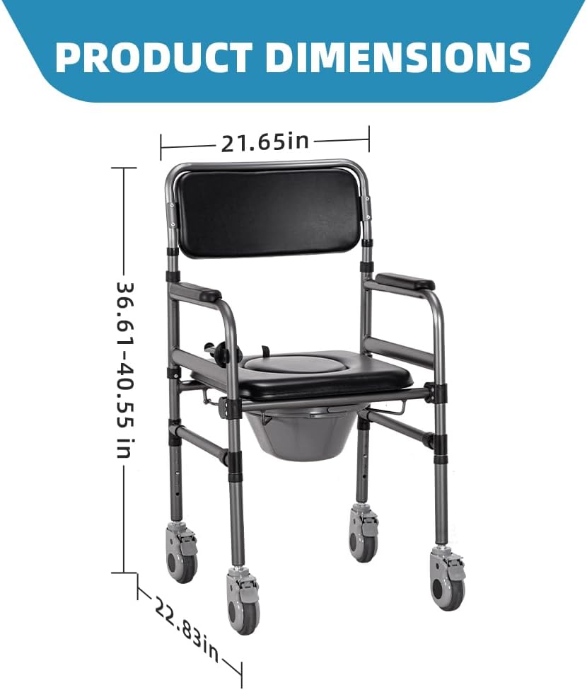Bedside Commode Chair for Seniors, 3-in-1 Foldable Toilet Chair Wheels 400lbs Heavy Duty, Adjustable Shower Chair PU Seat Backrest, Portable Commode Elderly Disabled, Toilet-Round