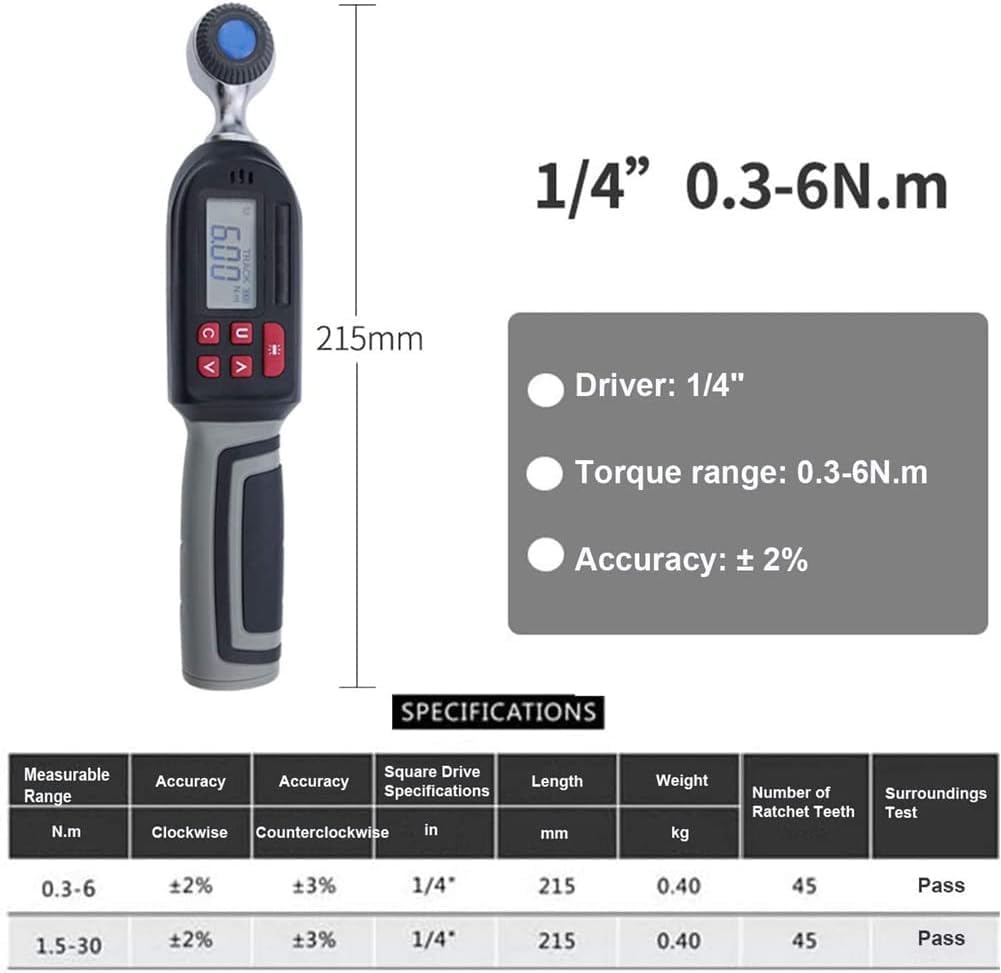 High Precision 1/4 Inch Digital Torque Wrench with Buzzer & LED Display, Sound & Light Alarm, 4 Measuring Modes, Compact Design for Mechanics & DIY Enthusiasts (0.3)