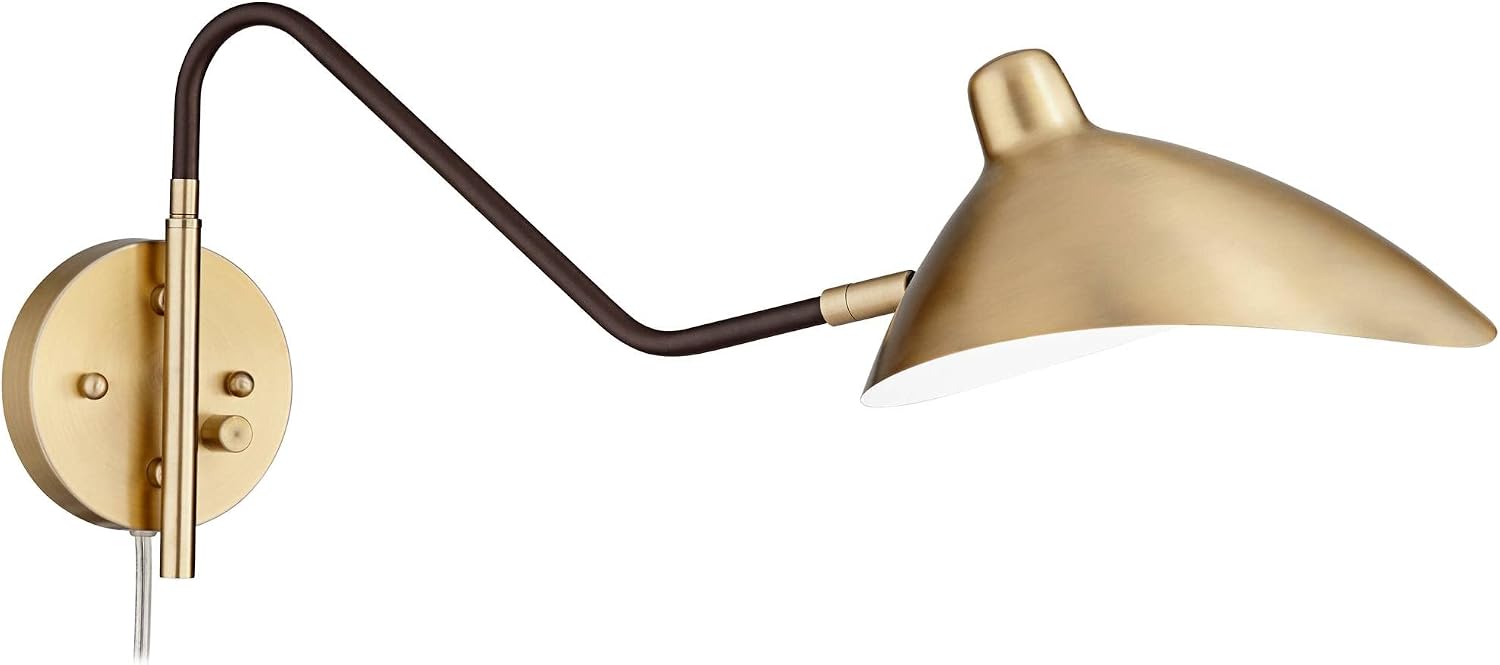 360 Lighting Colborne Mid Century Modern Swing Arm Wall Lamps Set of 2 Antique Brass Gold Black Plug-in Light Fixture Up Down Metal Shade for Bedroom Bedside Living Room Reading House Home